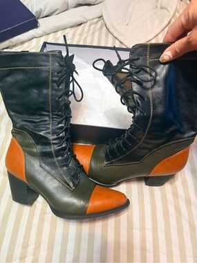 Lace-Up Two-Tone Victorian style Leather Ankle Boots - Black, Olive & Brown.
